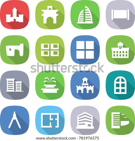 flat vector icon set - castle vector, arch, skyscraper, fence, slum, panel house, window, university, district, fountain, fort, drawing compasses, plan, office, hotel