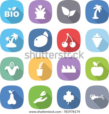 flat vector icon set - bio vector, flower, leafs, palm, island, lemon, cherry, grape, corn, seedling, apple, pear, hand leaf, maple, blower