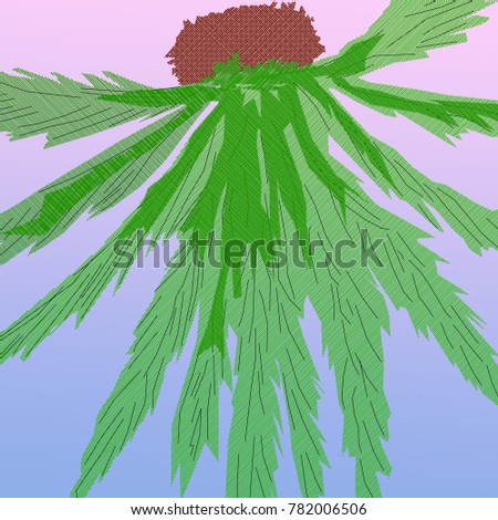 Palm tree abstraction on sunrise setting, image from a CAD drawing like a traditional oriental ink painting become a strange bug. For landscape and illustration, fabric textures, cloth, clip art, art.