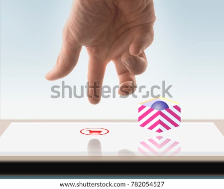 Hand is touching a Screen with shopping cart icon, isolated on white background