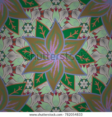 Vector floral pattern in doodle style with flowers. Gentle, spring floral background. Flowers on green, neutral and beige colors.