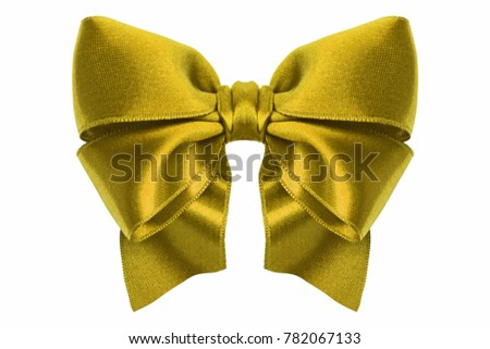 Shiny gold satin ribbon bow on white background