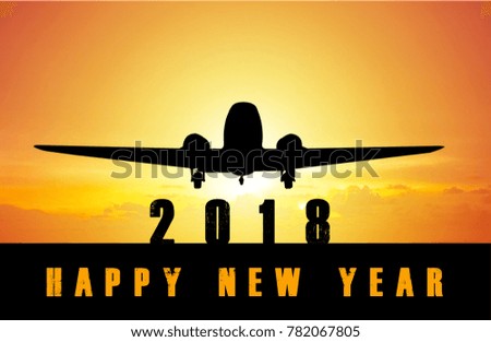 Happy New Year 2018 sunset. The plane in  parking Airport  at sunset time