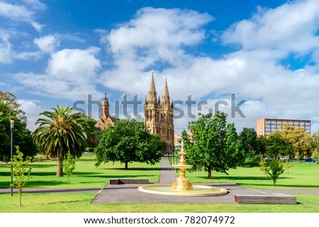 St. Peter's Cathedral in Adelaide city viewed across Pennington Gardens, South Australia Royalty-Free Stock Photo #782074972