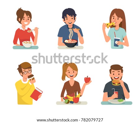 People eating different meals. Flat style vector illustration isolated on white background. Royalty-Free Stock Photo #782079727