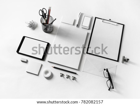 Blank stationery set on paper background. Corporate identity template. Responsive design mockup. Royalty-Free Stock Photo #782082157