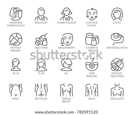 Cosmetology line icons. Big set of 20 outline pictograms isolated on white background. Beauty therapy, bodycare, healthcare, wellness treatment linear symbols. Graphic signs. Vector illustration Royalty-Free Stock Photo #782091520