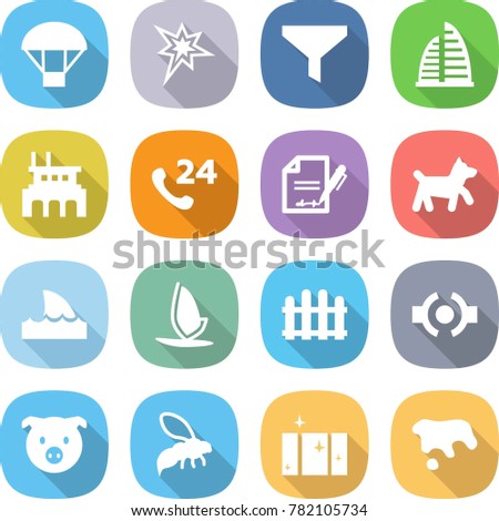 flat vector icon set - parachute vector, bang, funnel, skyscraper, factory, phone 24, inventory, dog, shark flipper, windsurfing, fence, connect, pig, wasp, clean window, spot