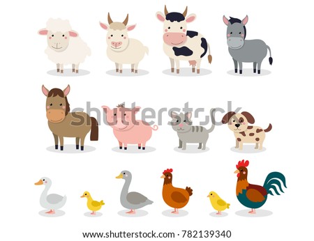 Farm animals set in flat style isolated on white background. Vector illustration. Cute cartoon animals collection: sheep, goat, cow, donkey, horse, pig, cat, dog, duck, goose, chicken, hen, rooster Royalty-Free Stock Photo #782139340