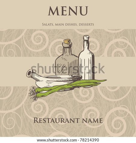 Vintage restaurant menu design with hand drawn illustration of pan onion and wine bottles