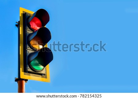 Traffic light on a city street, In blue skies, Copy space for text