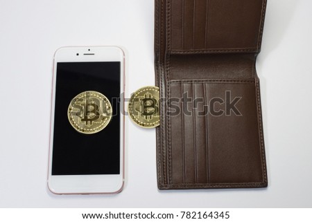the transfer of the dollar from the wallet to bitcoin on the smartphone. Blockchain.