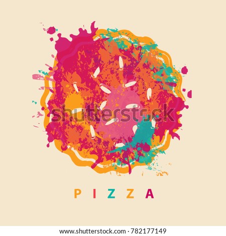Vector banner with abstract image of pizza in the form of colorful spots and splashes and the lettering pizza