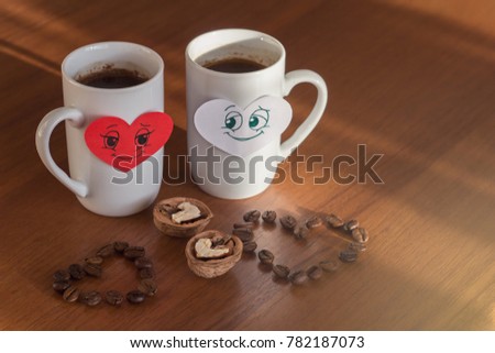Good morning coffee on valentine's day with two smiling hearts