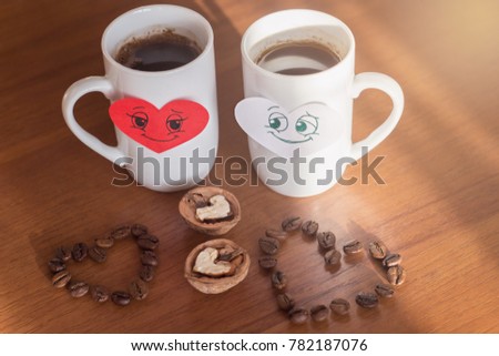 Good morning coffee on valentine's day with two smiling hearts