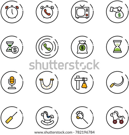 line vector icon set - alarm clock vector, phone, tv, encashment, account history, horn, money bag, sand, microphone, luck, ship bell, sickle, awl, rocking horse, stick toy, wheel