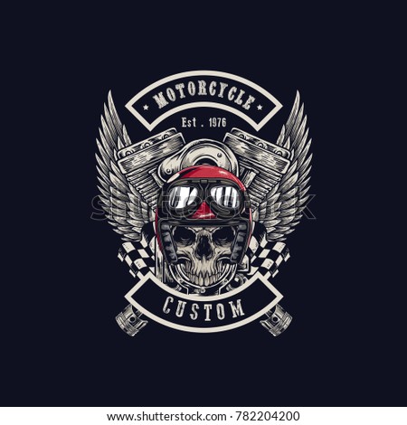 Vector illustration Vintage motorcycle Monochrome skull, motorcycle engines and wing in helmet . t-shirt graphics. Biker t-shirt. Motorcycle emblem.
