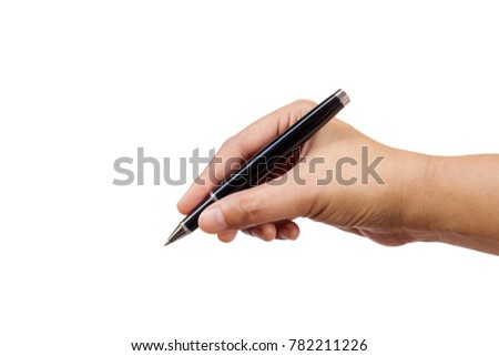 Female right hand with pen isolated on white background. Business signature concept. Clipping path.