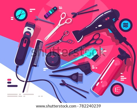 Hairdressing tools, hairbrush and hair dryer, scissors and shaving machine. Vector illustration Royalty-Free Stock Photo #782240239