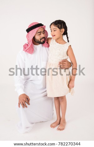 Arab father with his daoghter on white background