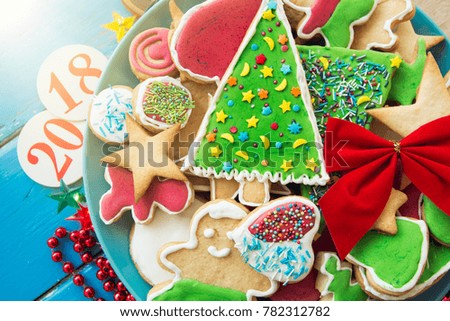Plate with tasty holiday Gingerbread Cookies  - Happy New Year card