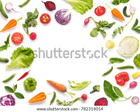 Various vegetables and fruits isolated on white background, top view, flat layout. Concept of healthy eating, food background. Frame of vegetables with space for text. Royalty-Free Stock Photo #782314054
