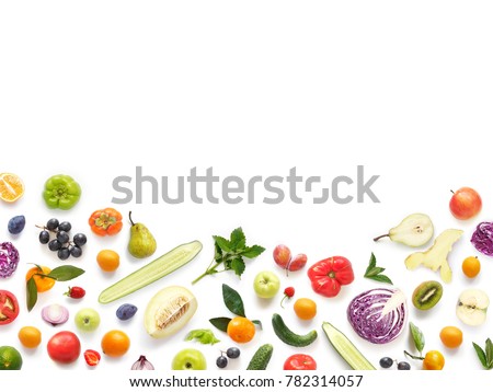Various vegetables and fruits isolated on white background, top view, flat layout. Concept of healthy eating, food background. Frame of vegetables with space for text. Royalty-Free Stock Photo #782314057