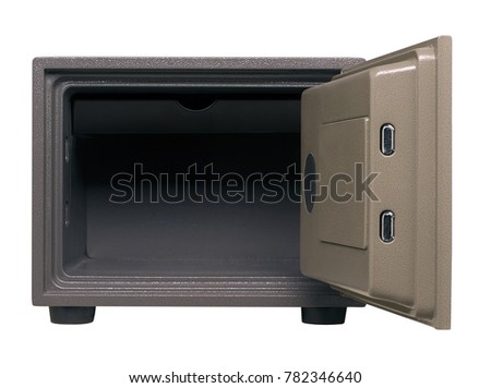 Security metal safe with empty space inside open isolated on white background. This has clipping path. Royalty-Free Stock Photo #782346640