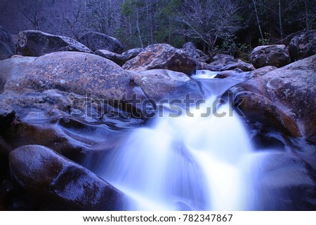 Slow Shutter Speed Water Photography of a River Waterfall in the Woods of the Mountains.