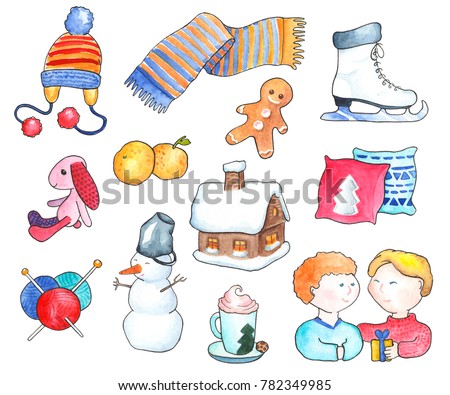 Cozy winter objects watercolor illustration. Handdrawn clipart winter activities. Cozy home icons. Warm clothes. Knitted hat and scarf. Knitting hobby. Tilda rabbit toy. Coffee cup. Gingerbread man