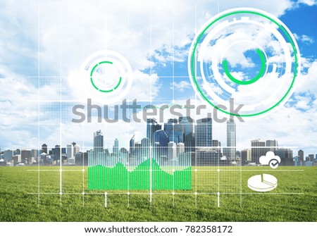Concept of modern technologies with media icons on screen and business city at background