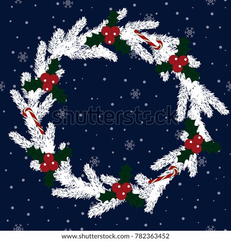 Happy New Year wreath Merry Christmas white christmas tree holly berry candy cane snow snowflake night card vector.