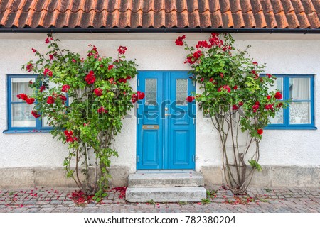 Beautiful views of Visby, main city on Gotland, island in Baltic Sea in Sweden.Best-preserved historical medieval city in Scandinavia. White stone house, windows with blue frames, red rose shrubs. Royalty-Free Stock Photo #782380204
