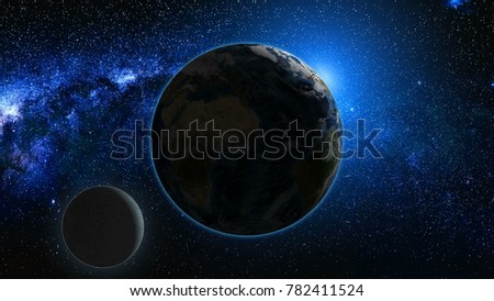 Sunrise view from space on Planet Earth and Moon. Milky way with thousand stars in the background. High detailed 3D animation. Elements of this image furnished by NASA. Astronomy and science