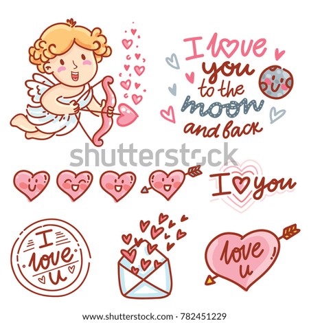 Cute hand drawn elements and objects for Valentine Day with Cupid angel baby and lettering calligraphy text, smiling heart characters, love stamp and envelope in cartoon, doodle style