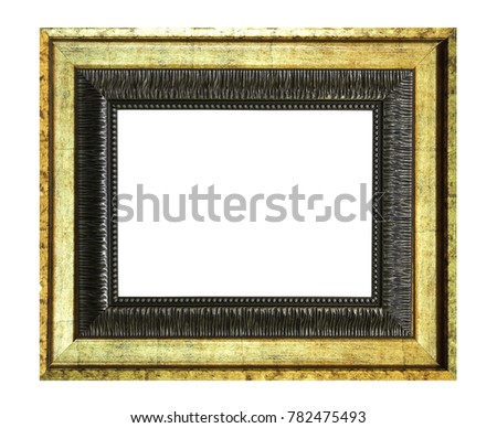 Group of golden wooden picture frame isolated on white background