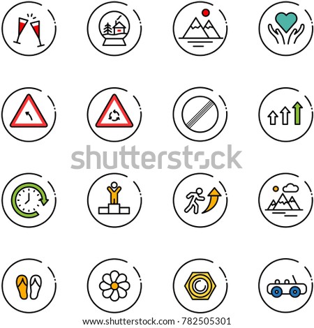 line vector icon set - wine glasses vector, snowball house, mountains, heart care, turn left road sign, round motion, no limit, arrows up, clock around, winner, career, flip flops, flower, nut