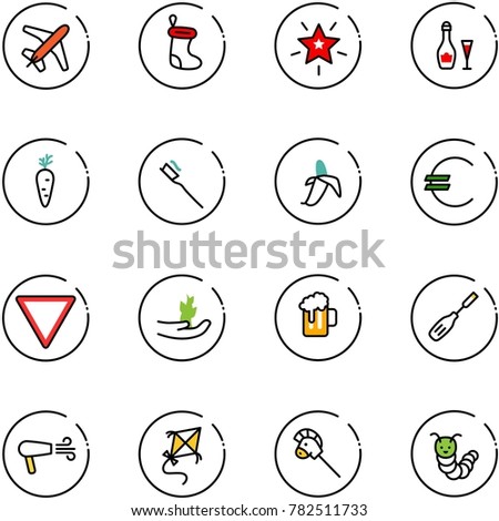 line vector icon set - plane vector, christmas sock, star, wine, carrot, tooth brush, banana, euro, giving way road sign, hand sproute, beer, chisel, dryer, kite, horse stick toy, caterpillar