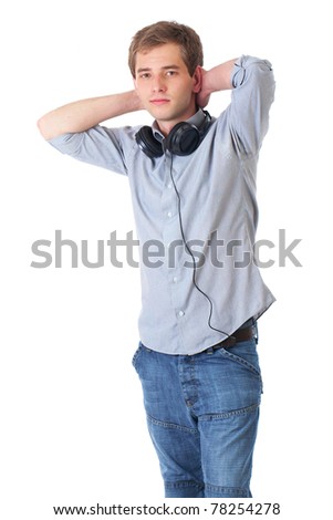 young attractive relaxed man in shirt with headphones, isolated on white