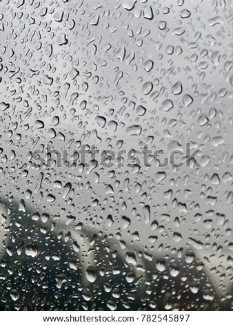 Raindrops on airplane window and blurred background on a rainy day