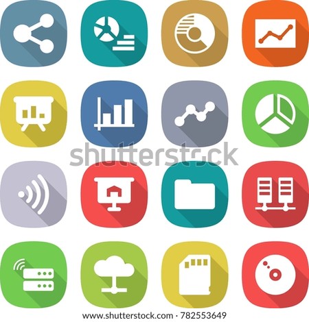 flat vector icon set - share vector, diagram, circle, statistics, presentation, graph, wireless, documents, server, cloud, sd card, cd