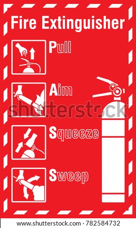 How to use a Fire Extinguisher Label, basic user guide label in vector illustration. White bold icon style on red background