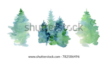 Watercolor abstract woddland, fir trees silhouette with ashes and splashes, winter background hand drawn illustration
