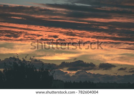 dramatic red and black clouds in sunset over city rooftops - vintage film look