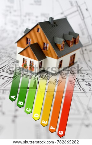 Energy efficiency label for house / heating and money savings - model of a house