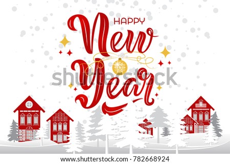Happy New Year text design on winter landscape with Christmas trees and cottages. Vector illustration, New Year scenery. New Year lettering. Template for a poster, cards, banner, background.