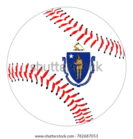A new white baseball with red stitching with the Massachusetts state flag overlay isolated on white