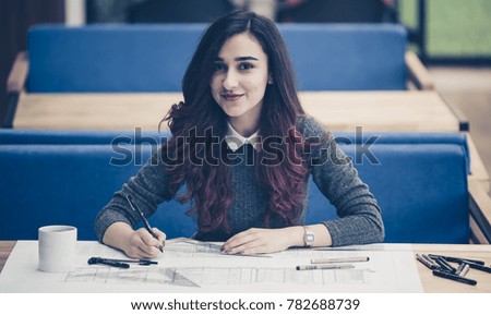 
Architect girl who makes graphic design, 
college girl studying her lessons