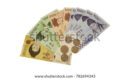 Korean money banknote and coin isolated background.