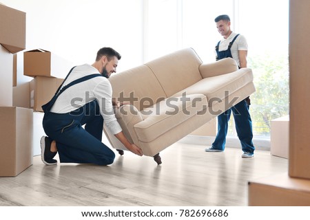Delivery men moving sofa in room at new home Royalty-Free Stock Photo #782696686